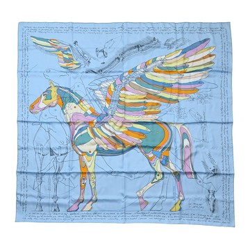 HERMES 愛馬仕 Le Pegase 飛馬140 手工捲邊斜紋真絲大方巾/披肩(水藍)