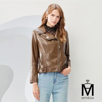 MYVEGA麥雪爾 MA仿羊皮雙翻領皮衣-咖