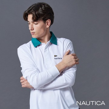 Nautica男裝 跳色領圍旗幟印花長袖POLO衫-白色