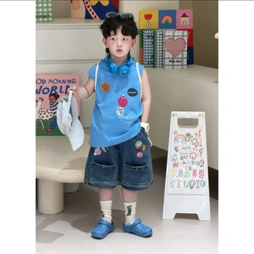 Mini baby🌷童裝中小童夏季韓版無袖連帽卡通背心印花短褲三件套