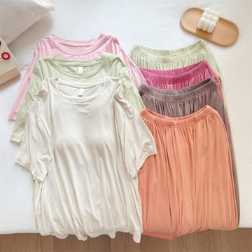 莫代爾短袖帶胸墊睡衣女夏季短袖長褲兩件套女士純色甜美家居服