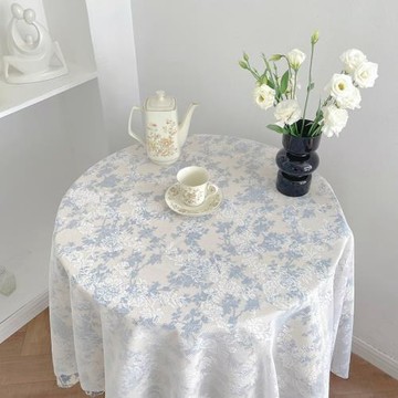 ins簡約田園藍色碎花蕾絲桌布拍照背景布戶外野餐棉麻布茶幾布