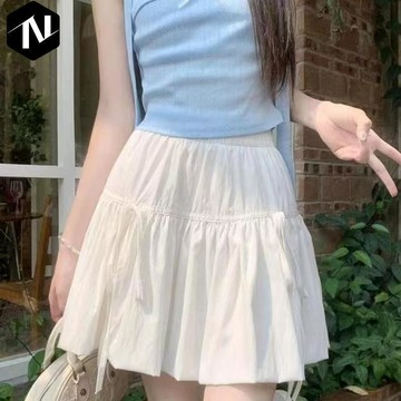 【Nico】✨有貨 2026新款夏季新款甜美白色設計短裙蝴蝶結高腰花苞半身裙蓬蓬裙 蛋糕裙 小香風 雪紡短裙