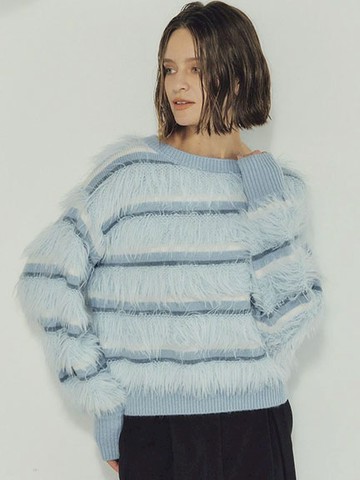 蓬鬆毛料橫條紋落肩設計針織上衣(07001079300) - YECCA VECCA