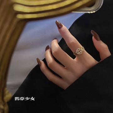 輕奢韓國新年招財小眾銅錢幣高級感鑲鉆戒指可調節開口戒指環A41