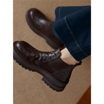 軟羊皮厚底英倫風切爾西靴2025秋冬新款圓頭真皮靴子短靴女馬丁靴