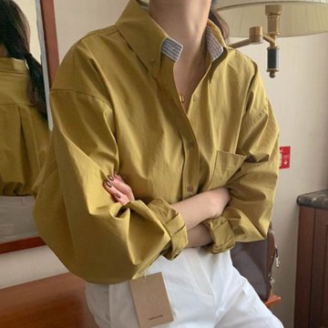 韓國chic春季法式氣質翻領拼色條紋設計單排扣寬松休閑百搭襯衫女