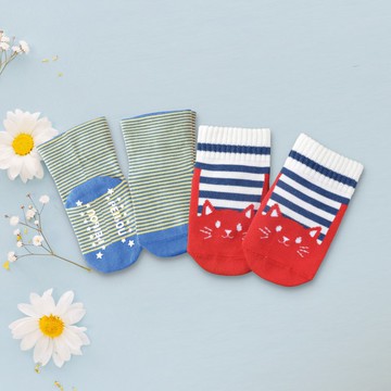 78%美國SUPIMA棉貓咪寶寶襪2款各1雙 彌月禮 安全止滑襪 寬口襪