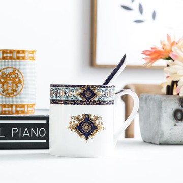 波西米亞藍色歐式骨瓷馬克杯帶勺子帶蓋創意陶瓷咖啡杯大號茶水杯