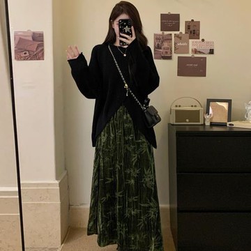 支支家大碼女裝竹意濃新中式不規則毛衣松緊腰暗紋提花燈芯絨套裝