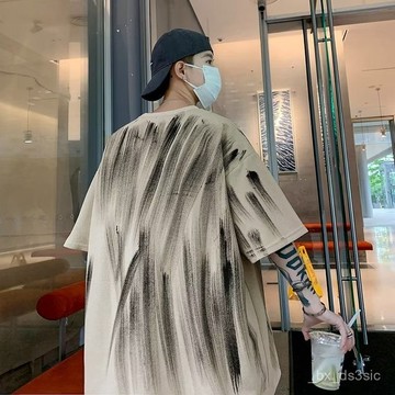 【夏季上新】美式複古華夫格T恤小衆塗鴉設計男生t袖夏季薄款寬鬆百搭五分袖 1VEK