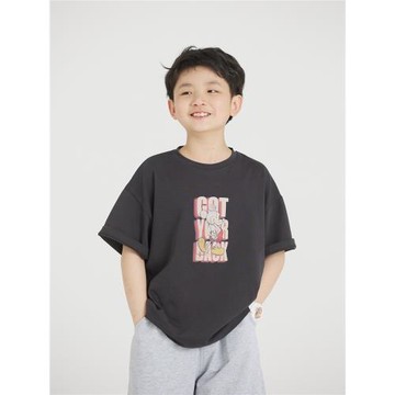 MT原創童裝日系男童做舊黑色卡通印花短袖t恤夏季新款中大童上衣