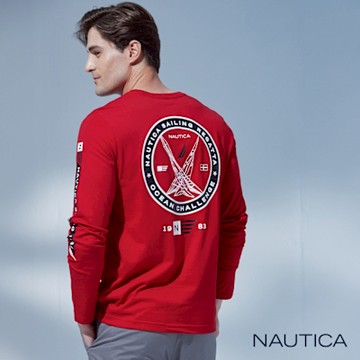 Nautica 男裝 文字帆船圖騰印花長袖T恤-紅色