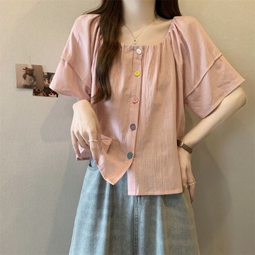 大尺碼女裝 韓系泡泡袖襯衫 糖果色方領T 多巴胺設計感 夏季新款 韓版 女裝 上衣 100kg適穿
