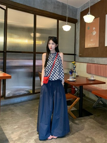 【missy shop】島嶼慢行削肩格紋背心寬褲套裝-98883