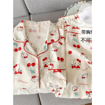 可愛小貓帶胸墊睡衣女款2025新款春秋夏季純棉紗布少女長袖家居服