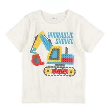 日本西松屋 - 立體發泡印花短袖上衣-挖土機-白