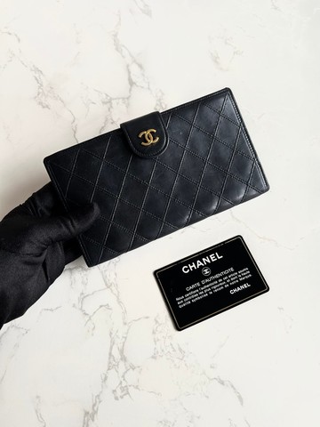 絕版古董包 Chanel 黑色小羊皮革長夾 銀包 皮夾 中古包 二手包