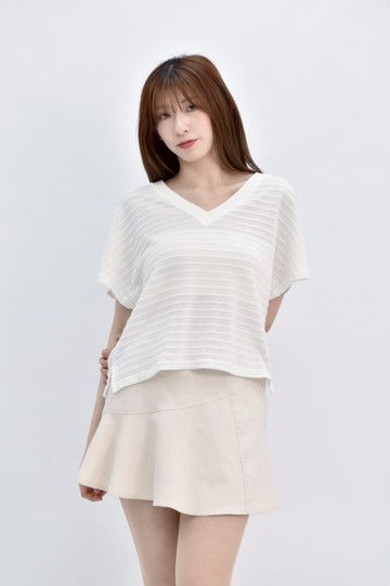 (M) net質感條紋白色短袖上衣