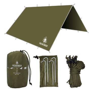 Pathfinder 70D尼龍超輕薄防風帳篷天幕 防水布 附營樁綁繩 收納袋  軍綠色  208.28 x 152.4cm  1組