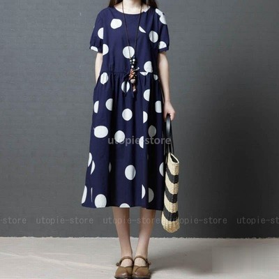 森ガール ワンピース 半袖 Aラインワンピ ドット柄 水玉 ミモレ下丈 フレアワンピース レディースファッション カジュアル 体型カバーワンピース 春夏 通販 Lineポイント最大get Lineショッピング