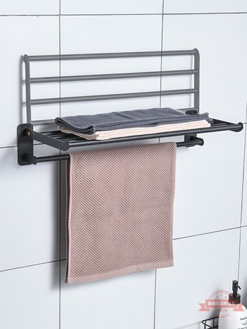 跨境折疊不銹鋼浴巾架雙層衛浴毛巾架酒店墻上毛巾桿黑色五金掛件