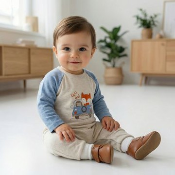 PIPPY LET S GO小狐狸開車冒險跳色圓領長袖包屁衣 藍