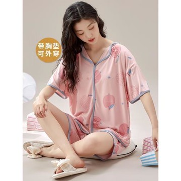 2025新睡衣女夏季純棉帶胸墊甜美可愛翻領夏天短袖薄款家居服套裝