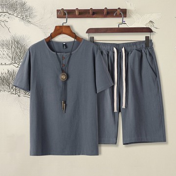 男士中國風短袖棉麻套裝 夏季中老年男裝亞麻套裝男寬松爸爸夏裝短袖老年人爺爺棉麻套裝男