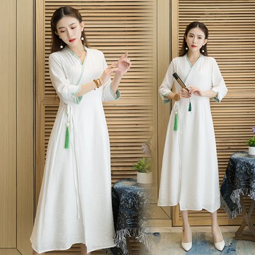 民族風錦棉中式漢服文藝中袖連衣裙夏季新款禪意茶服