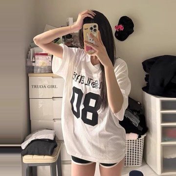 《杜達女孩》魔方家M-2XL網格球衣 率性風鏤空排汗球衣 下半身失蹤T恤 女 男友風籃球衣 大版型T恤 大尺碼 白色球衣