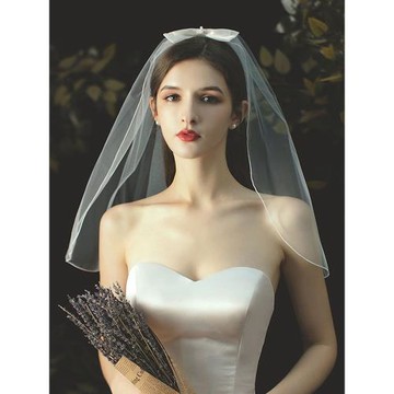 新娘領證短款小頭紗兒童緞面婚紗蝴蝶結旅拍超仙結婚登記拍照道具