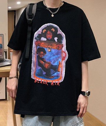FINDSENSE X 韓潮 街頭時尚 寬鬆大尺碼 卡通油畫囚禁印花 男士 短袖T恤 學生短T