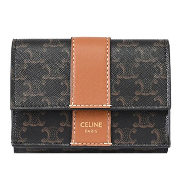 CELINE Triomphe Canvas 燙金LOGO花紋扣式三折簡易短夾.咖