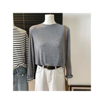 花灰色柔軟天絲薄款圓領彈力寬松休閑舒適早秋打底衫簡約時尚T恤