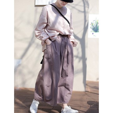 純色蓬鬆棉布松緊腰抽繩微花苞型寬松半身裙