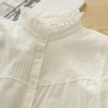 慕斯 春秋新款文藝立領木耳邊拼接純色豎條長袖內搭白襯衣女法式