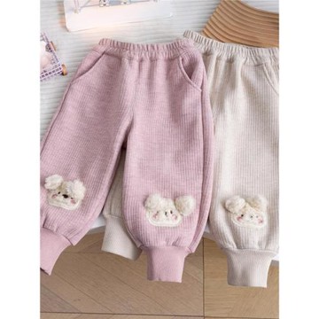 女 童加絨褲子秋冬季2024新款小女孩加厚衛褲寶寶過冬一體絨棉褲1