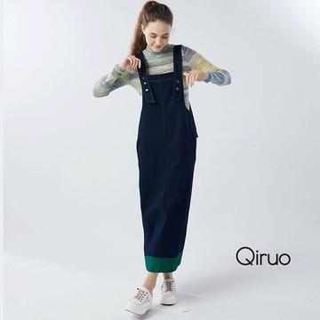 【Qiruo 奇若】秋冬專櫃牛仔吊帶裙洋裝3236F 吊帶長裙設計
