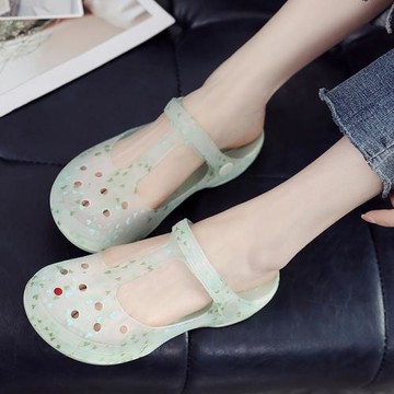 印花洞洞鞋女坡跟拖鞋2025夏季新款防滑沙灘鞋厚底軟底涼拖鞋外穿
