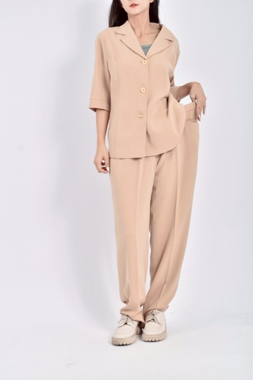 (2XL) 5個銅貨車線短袖杏色套裝