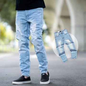 【NB1908J】淺藍刷白抓破抽鬚小直筒牛仔褲長褲(UC2153)