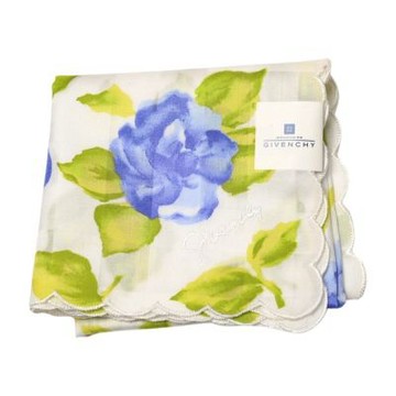 GIVENCHY 白底藍玫瑰浪漫荷葉邊刺繡字母LOGO帕領巾(48CM)