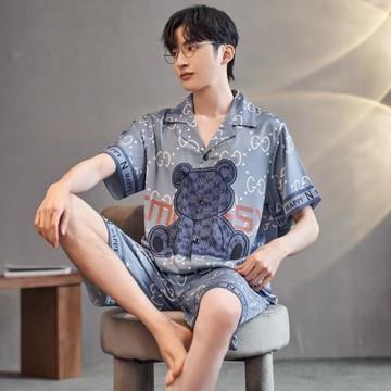 2022年新款男士睡衣夏季冰絲綢短袖薄款卡通青年家居服涼感型套裝