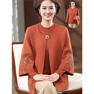 媽媽秋冬新款上衣針織開衫兩件套洋氣中老年女裝時尚刺繡毛衣外套