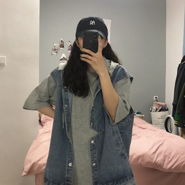 夏款韓國BF風寬松連帽單排扣馬夾復古百搭牛仔馬甲外套女+T恤裙1入