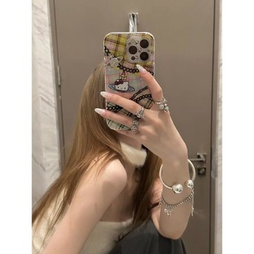 日韓甜酷拼接格紋kt貓適用蘋果15promax手機殼iphone13新款12創意閃鉆星球14女14promax雙層15pro全包手機套