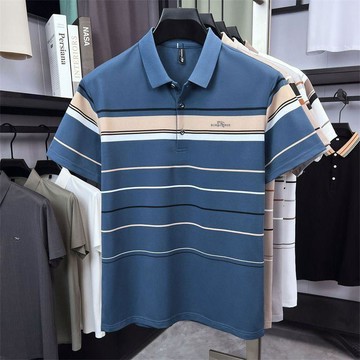 男士POLO衫 透氣 排汗 專櫃品質  新款款男士條紋短袖POLO衫顯瘦寬鬆翻領中年T恤夏季0719