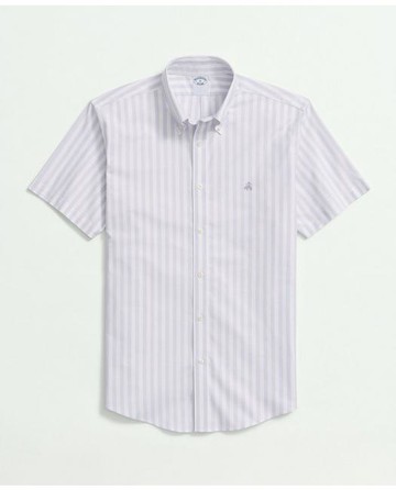 Brooks Brothers Men's Stretch Cotton Non-Iron Oxford Polo Button Down Collar, Striped Short-Sleeve Shirt | Lavender | Size Medium