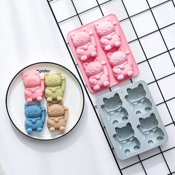 4格招財貓 矽膠模具 製冰盒 蛋糕 巧克力模具 烘焙工具 製冰器 冰格 冰塊 冰盒 冰淇淋 雪糕 肥皂 石膏模具【BlueCat】【JH1521】